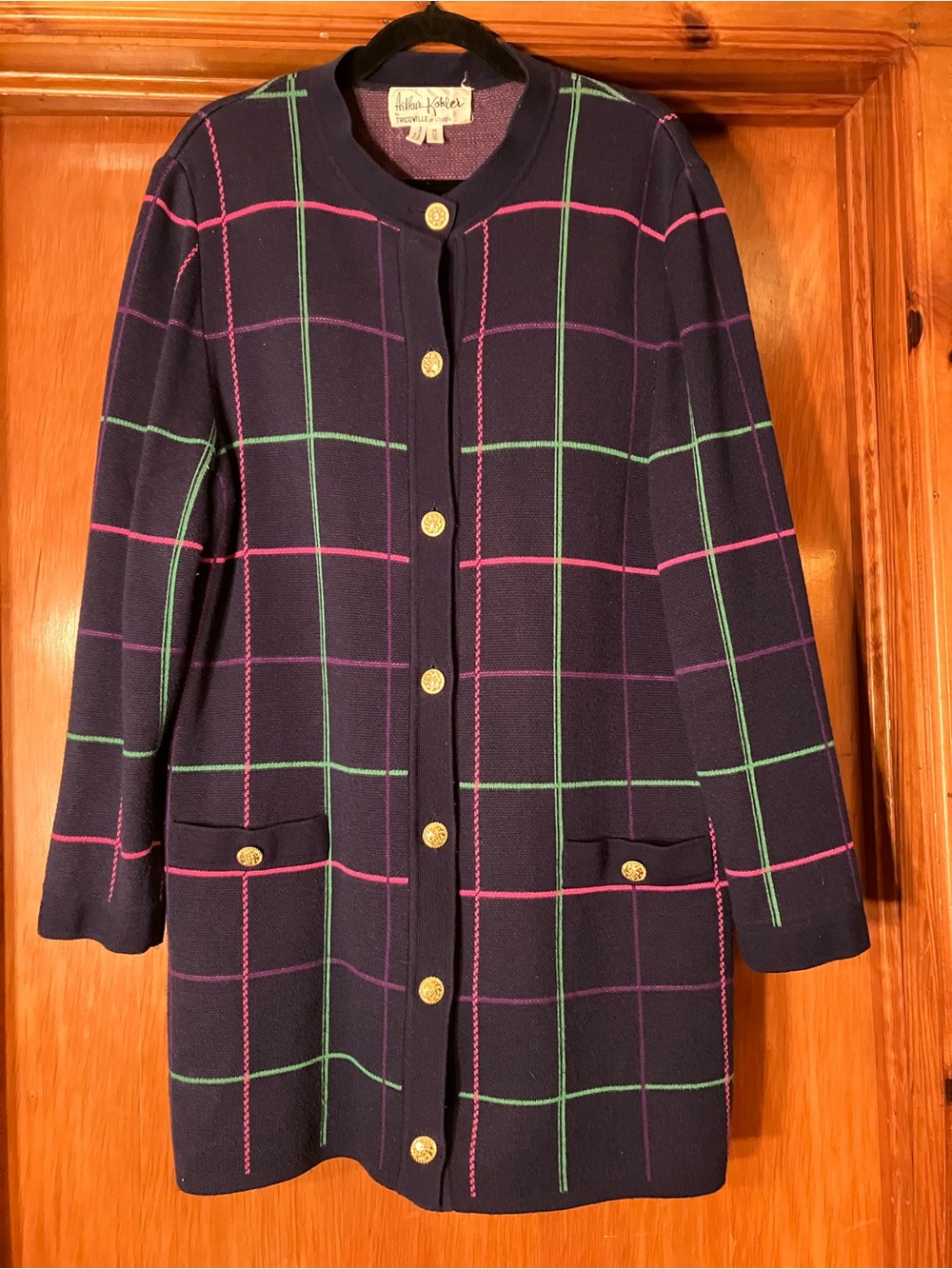 Vintage Arthur Kohler Navy Plaid Knit Button Cardigan Sweater Women's 20